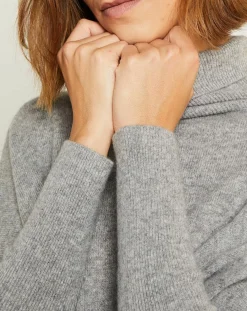 Pull poncho 100% Cachemire Olivia Col roulé gris chiné clair