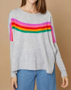 Pull poncho 100% Cachemire Rocky col rond à bandes gris chiné clair