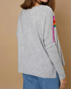 Pull poncho 100% Cachemire Rocky col rond à bandes gris chiné clair