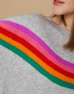 Pull poncho 100% Cachemire Rocky col rond à bandes gris chiné clair