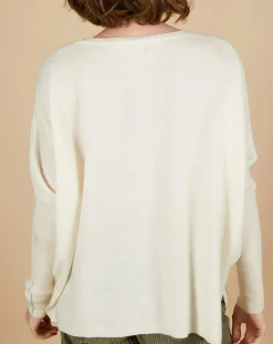 Pull poncho 100% Cachemire Rocky col rond à bandes blanc cassé