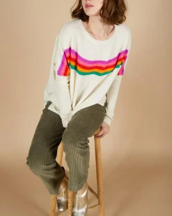 Pull poncho 100% Cachemire Rocky col rond à bandes blanc cassé