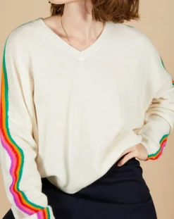 Pull poncho 100% Cachemire Wimbow col V à bandes manches blanc cassé