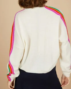 Pull poncho 100% Cachemire Wimbow col V à bandes manches blanc cassé