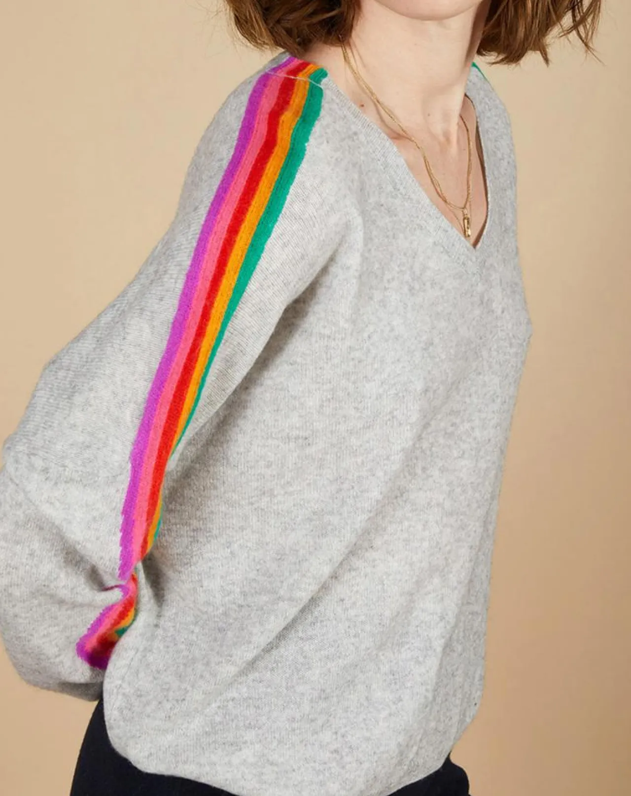 Pull poncho 100% Cachemire Wimbow col V à bandes manches gris chiné clair