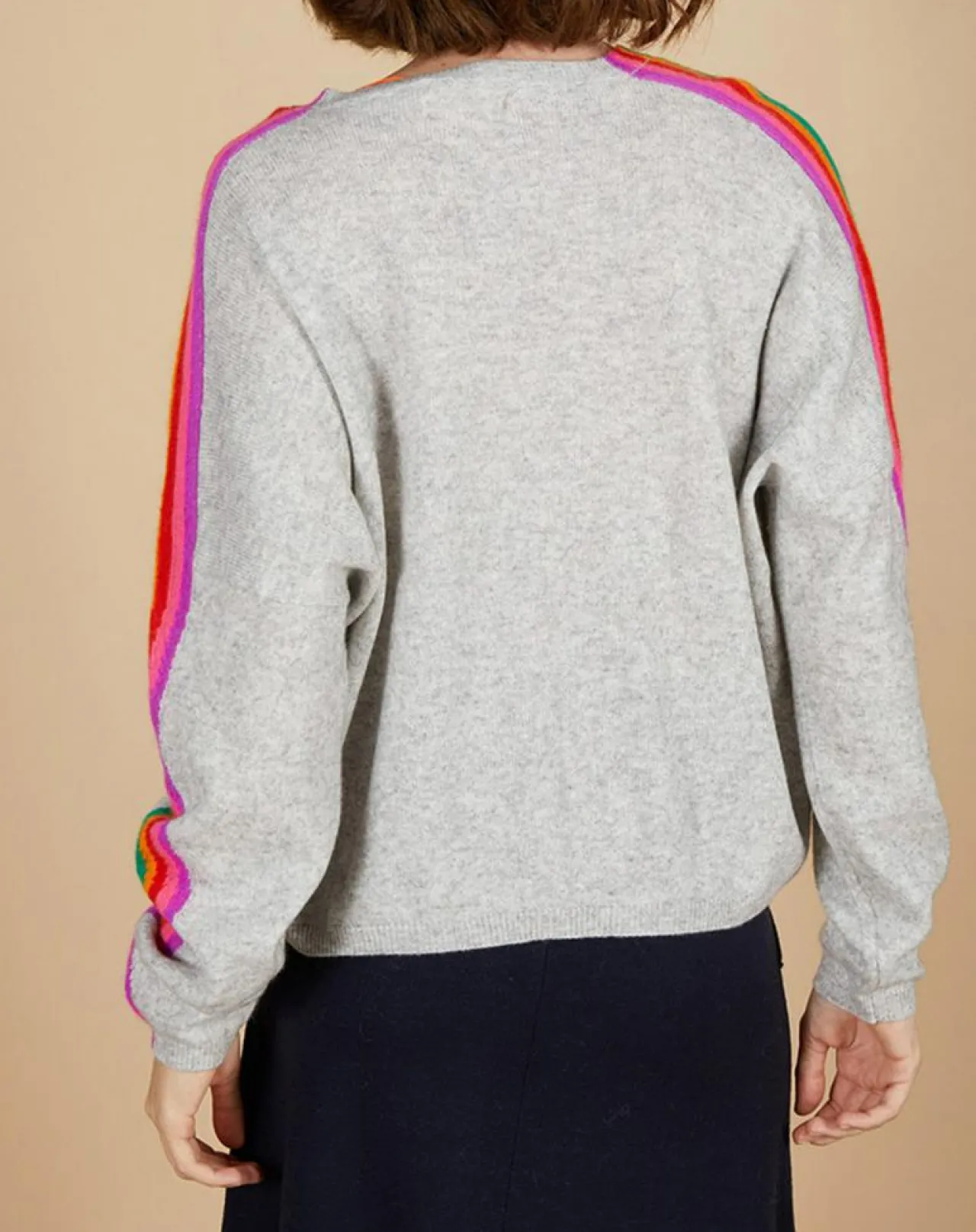 Pull poncho 100% Cachemire Wimbow col V à bandes manches gris chiné clair