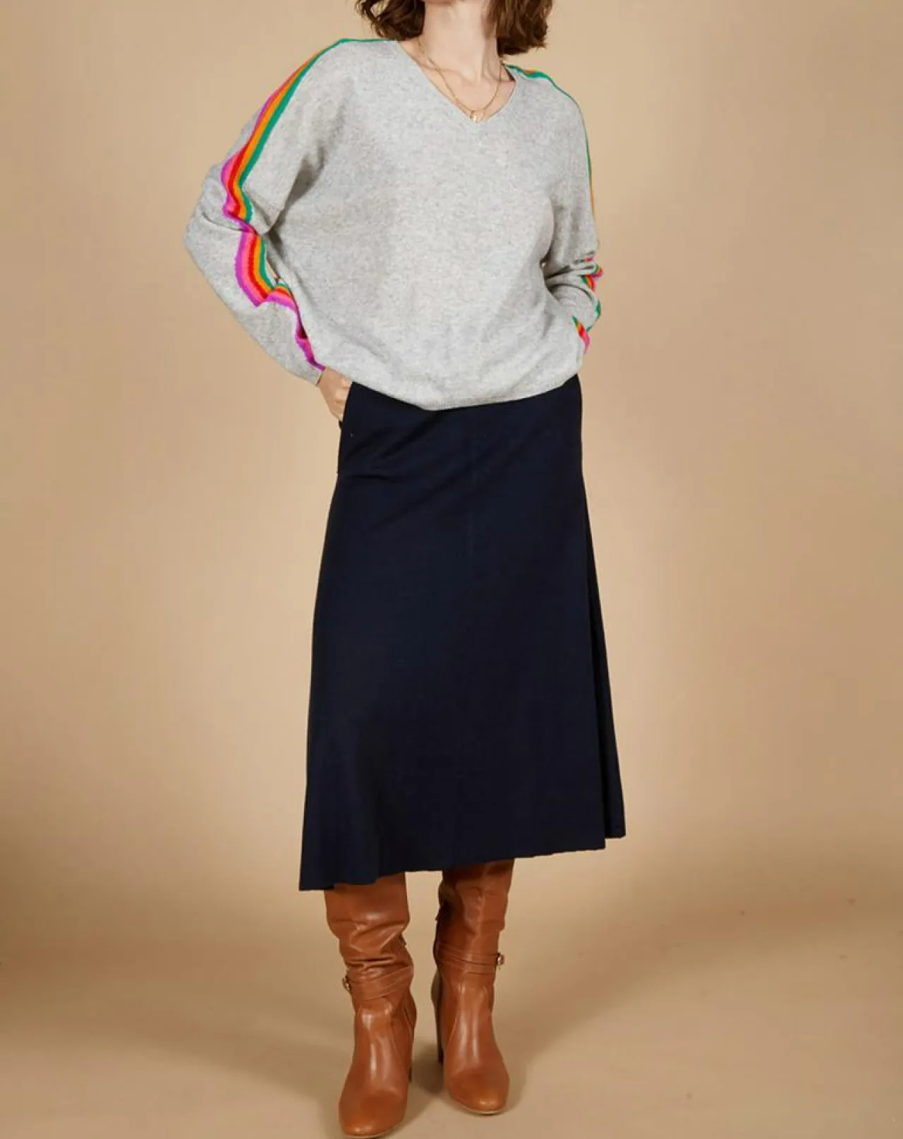 Pull poncho 100% Cachemire Wimbow col V à bandes manches gris chiné clair