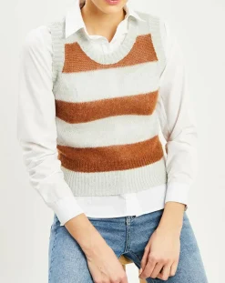 Pull sans manches en Mohair & Laine mélangés Timken rayé écru/camel