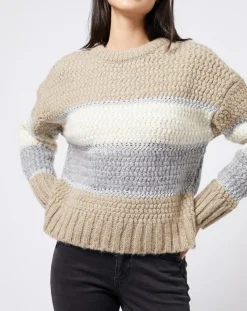Pull Tricot en grosse maille fantaisie tricolore beige/gris/blanc