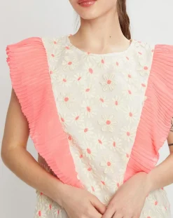 Robe brodée Daisy écru/rose fluo