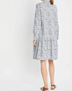 Robe chemise à volant imprimée bleu/blanc