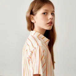 Robe chemise Angie texturée à fines rayures blanc/orange