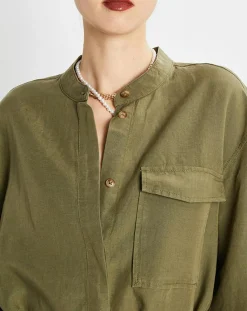 Robe Chemise en Lin mélangé Col Mao Tencel kaki