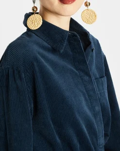 Robe Chemise en Velours côtelé ceinturé bleu marine