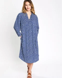 Robe col v lien imprimé taches bleu/blanc