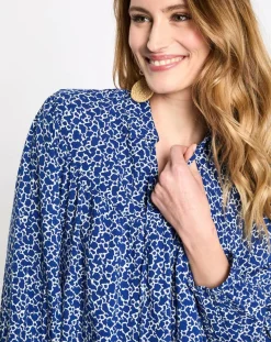 Robe col v lien imprimé taches bleu/blanc