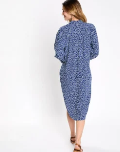 Robe col v lien imprimé taches bleu/blanc