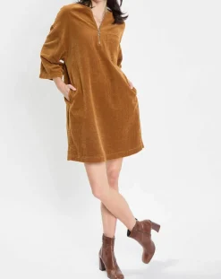 Robe en Velours côtelé zip poche marron