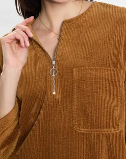 Robe en Velours côtelé zip poche marron