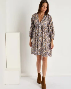 Robe Esmée satinée imprimée beige/bleu