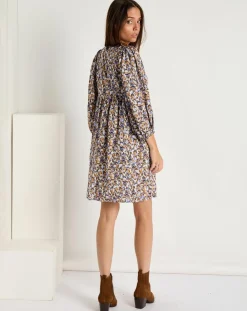 Robe Esmée satinée imprimée beige/bleu