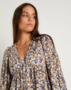 Robe Esmée satinée imprimée beige/bleu