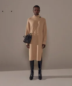 Robe Iris, droite, col roulé marron moka