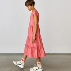 Robe longue Azul à volants rose