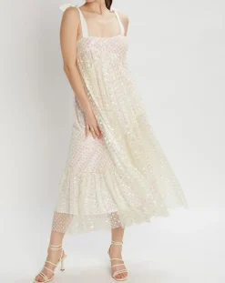 Robe longue brodée Baby Flower écru/rose