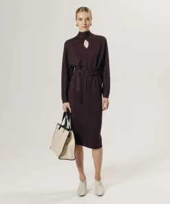 Robe longue Cali 100% Laine laine ceinture violet aubergine