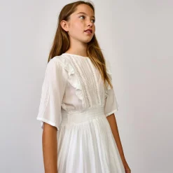 Robe longue Heaven à dentelle et volant blanche