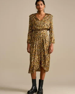 Robe midi effet satiné Annie léopard dorée/marron