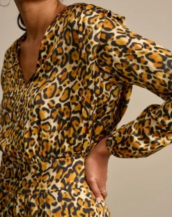 Robe midi effet satiné Annie léopard dorée/marron