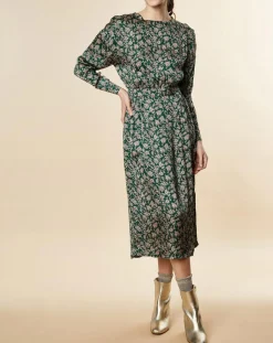 Robe Natasha mi-longue et fluide imprimée verte