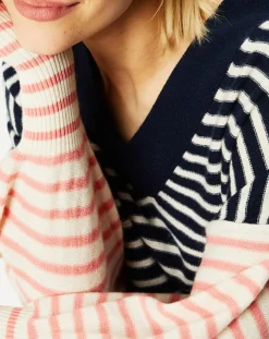 Robe pull marinière 100% Cachemire Fabia col V rayures marine/écru/rose