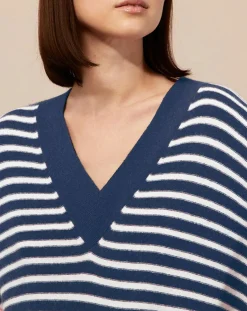 Robe pull marinière 100% Cachemire Fabia col V rayures marine/écru/rose