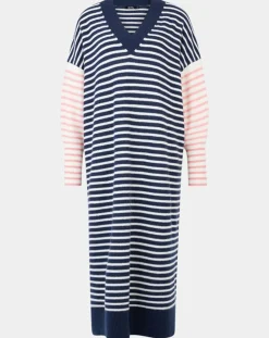 Robe pull marinière 100% Cachemire Fabia col V rayures marine/écru/rose