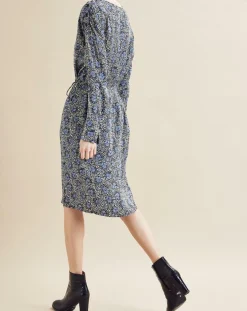 Robe satinée Naima imprimée bleu/noir/écru