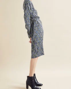 Robe satinée Naima imprimée bleu/noir/écru