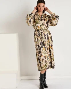 Robe toucher doux Maya imprimée vert/ocre/beige