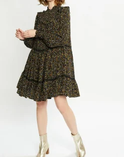 Robe évasée col smockée imprimé floral multicolore