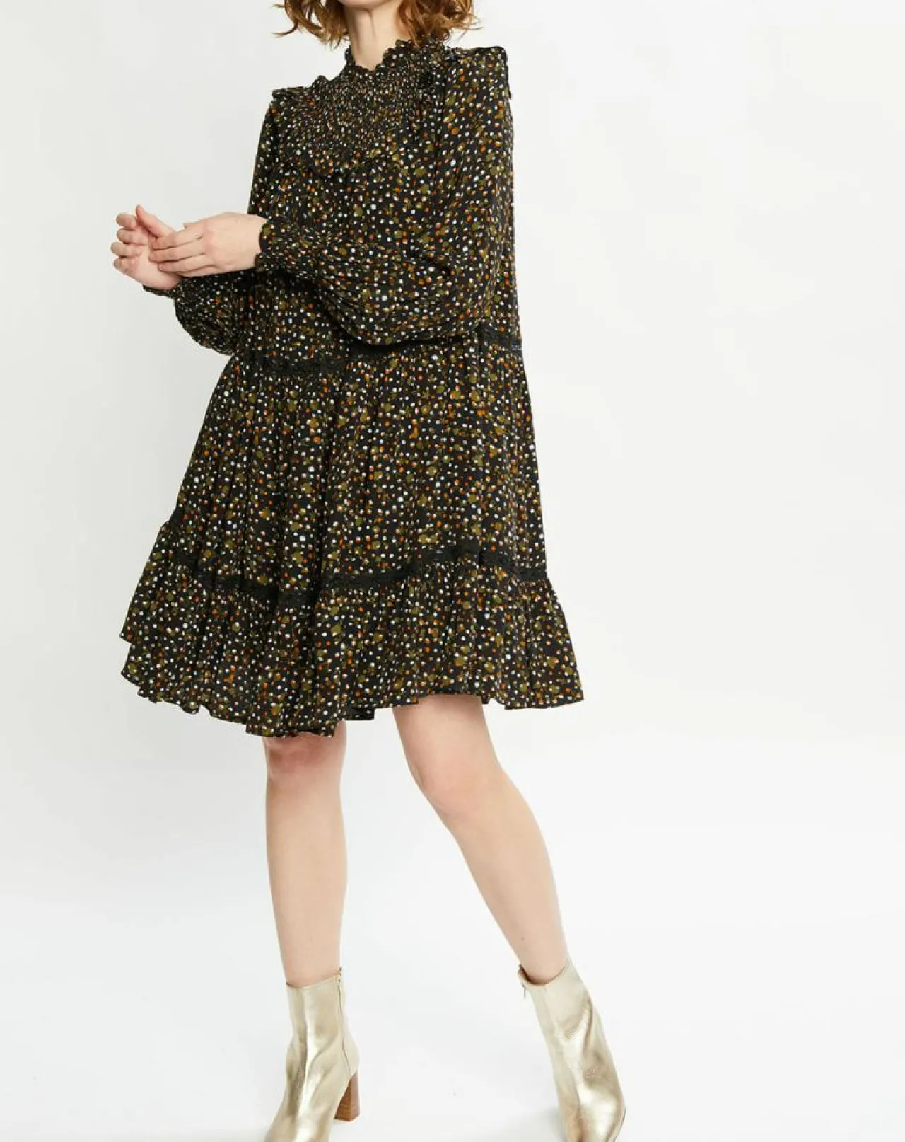 Robe évasée col smockée imprimé floral multicolore