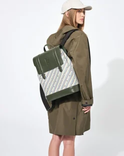 Sac à dos en Toile enduite & Cuir Ferret vert/multicolore - 40x29x13 cm