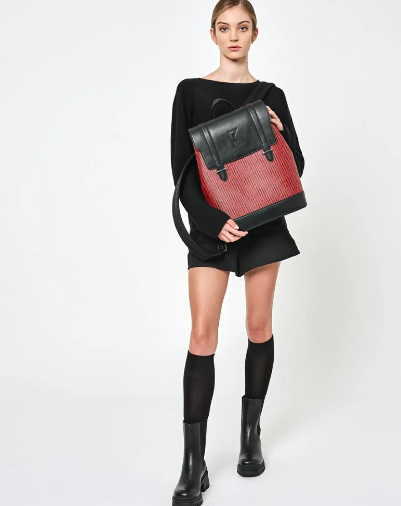 Sac à dos en Toile enduite & Cuir Ferret rouge/noir - 40x29x13 cm