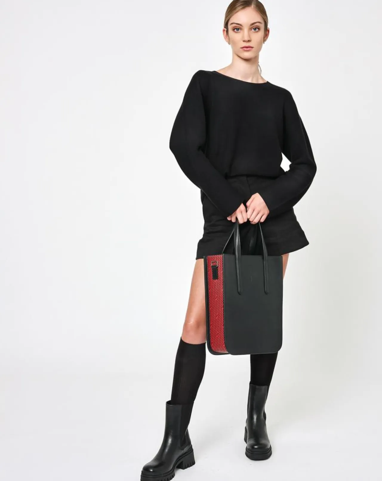 Sac en Cuir & Toile enduite Dune rouge/noir - 35x28x8 cm