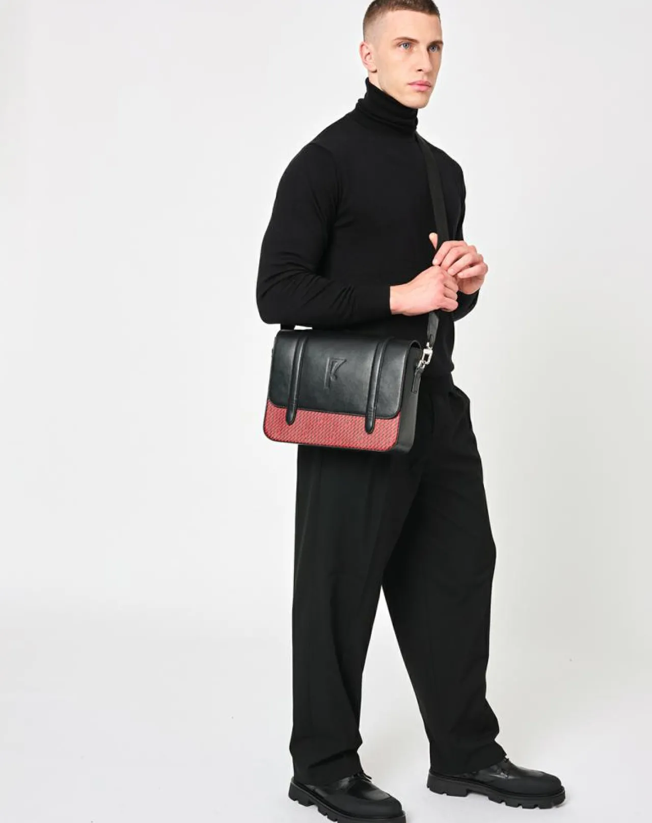 Sac en Cuir & Toile enduite Moulleau rouge/noir - 22x30x9 cm