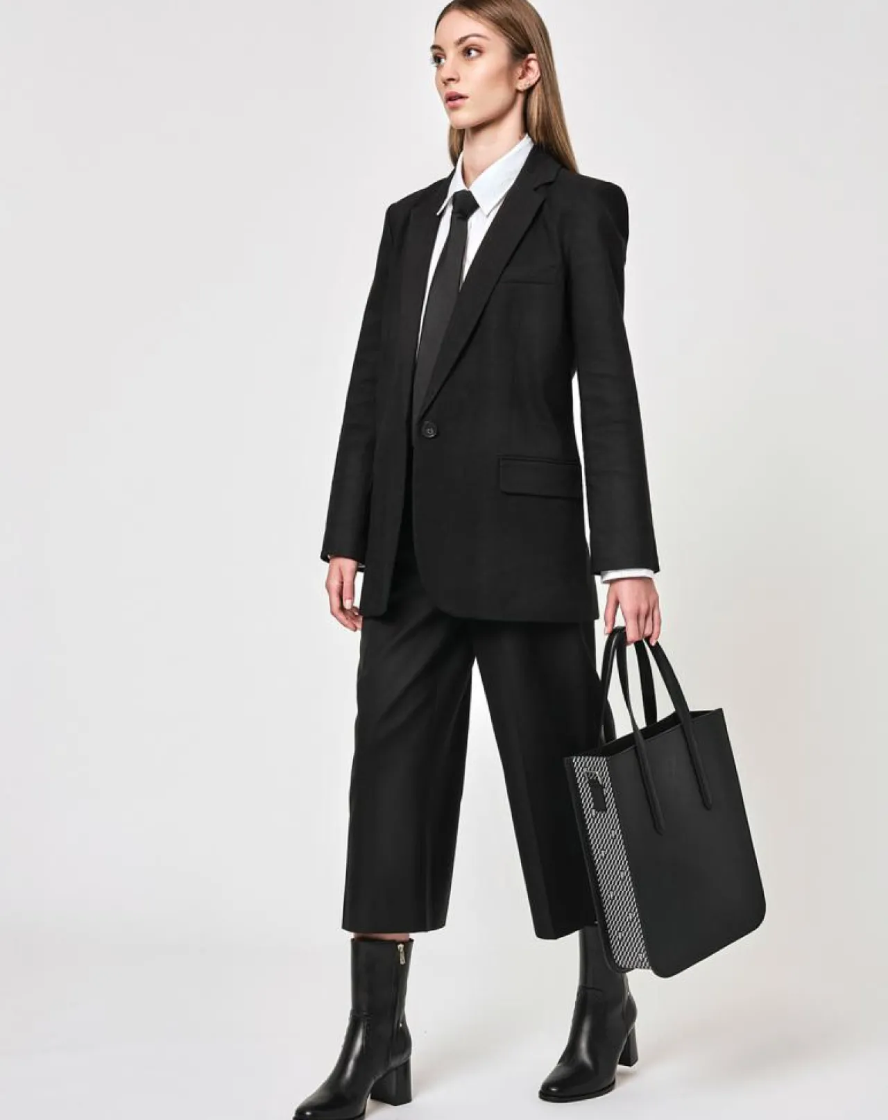 Sac en Cuir & Toile enduite Dune noir/blanc - 35x28x8 cm