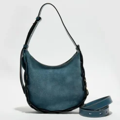 Sac porté épaule en Velours de Cuir Darryl bleu - 25x20x9 cm