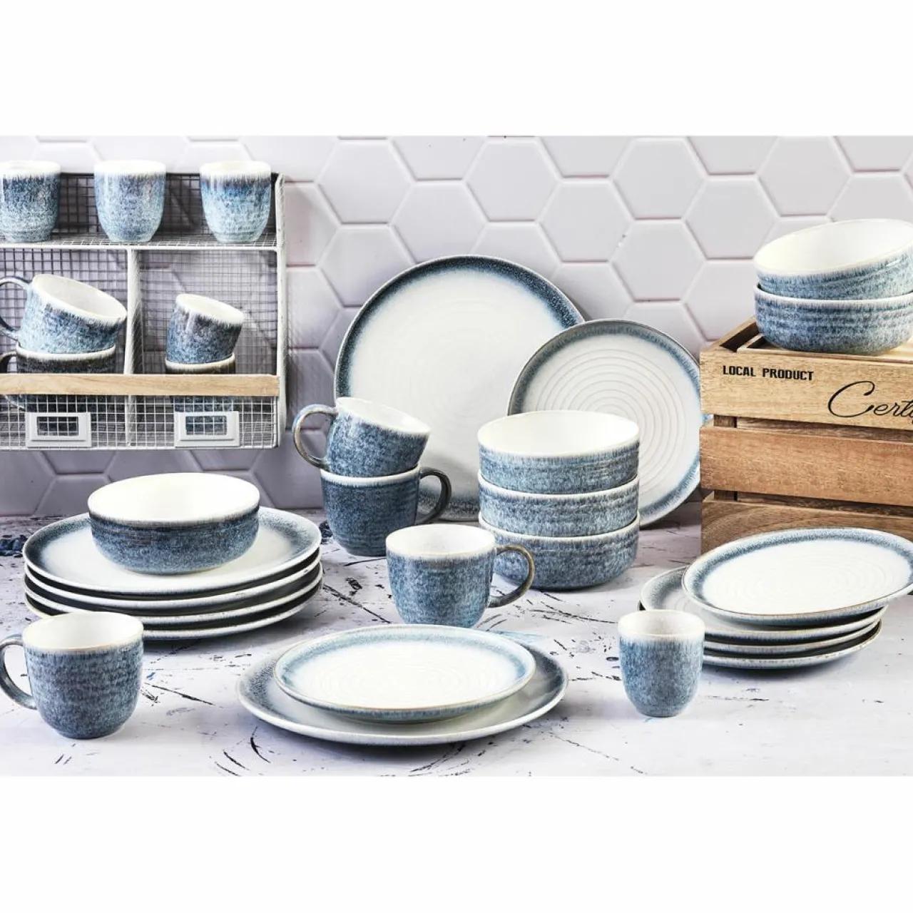 Service Complet Cosmos bleu/blanc nacré - 30 pièces