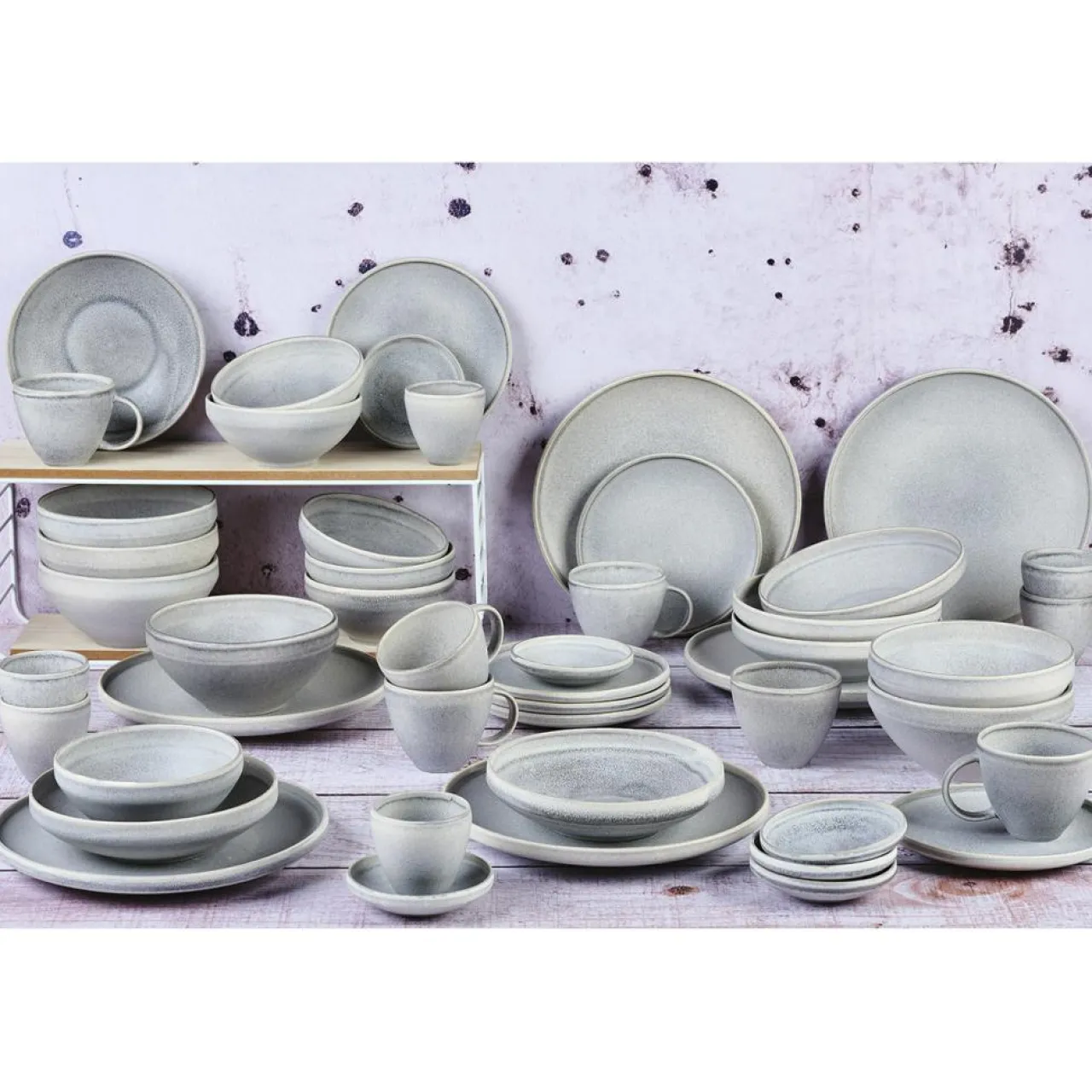 Service Complet en Grès Stone gris clair - 48 pièces